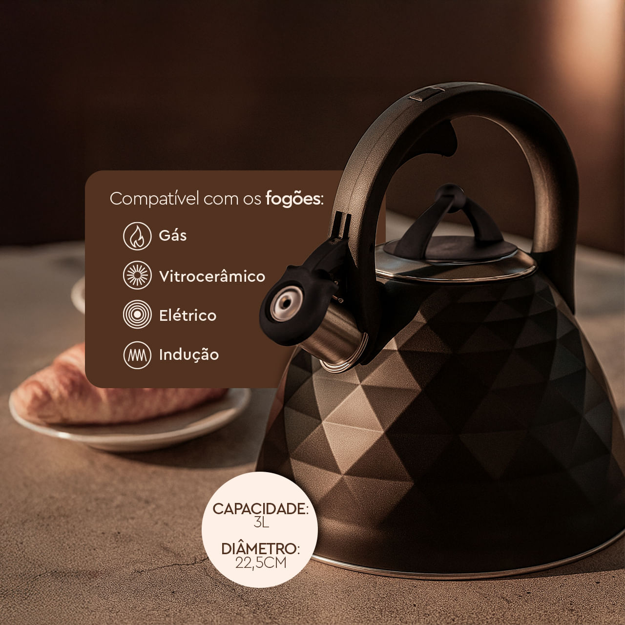 Chaleira de Inox com Indução e Apito Brinox 3 Litros Black Diamond Preto Fosco - Imagem 3